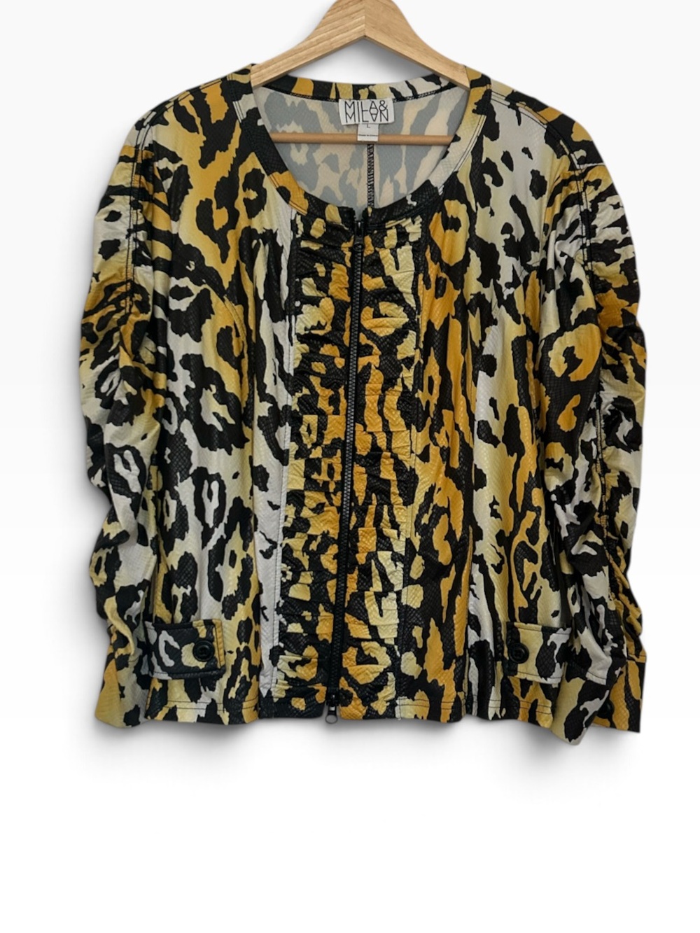 Mila & Mila zip-front jacket vibrant yellow, black Leopard animal print Large